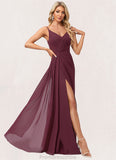 London A-line V-Neck Floor-Length Chiffon Bridesmaid Dress With Ruffle STKP0022611