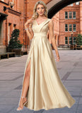 Urania A-line V-Neck Floor-Length Satin Bridesmaid Dress STKP0022612