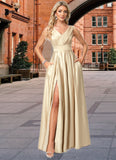 Urania A-line V-Neck Floor-Length Satin Bridesmaid Dress STKP0022612