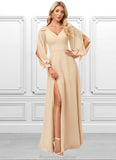 Juliette A-line V-Neck Floor-Length Chiffon Bridesmaid Dress With Bow STKP0022613