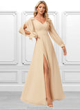 Juliette A-line V-Neck Floor-Length Chiffon Bridesmaid Dress With Bow STKP0022613