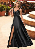 Gertie A-line V-Neck Floor-Length Stretch Satin Bridesmaid Dress With Bow STKP0022615