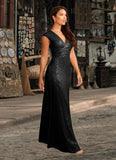 Kennedi A-Line V-Neck Ruched Sequins Floor-Length Dress STKP0022637