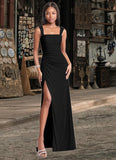 Maci Sheath Ruched Mesh Floor-Length Dress black STKP0022704