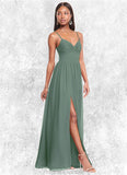 Reese A-Line V-Neck Pleated Chiffon Floor-Length Dress Eucalyptus STKP0022705