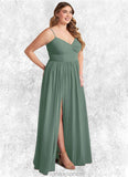 Reese A-Line V-Neck Pleated Chiffon Floor-Length Dress Eucalyptus STKP0022705