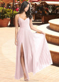 Janey A-Line V-Neck Pleated Chiffon Floor-Length Dress Blushing Pink STKP0022712