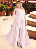 Janey A-Line V-Neck Pleated Chiffon Floor-Length Dress Blushing Pink STKP0022712