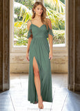 Karlie A-Line V-neck Ruched Mesh Floor-Length Dress Eucalyptus STKP0022714