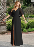 Amiyah A-Line V-Neck Chiffon Floor-Length Dress black STKP0022718