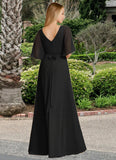 Amiyah A-Line V-Neck Chiffon Floor-Length Dress black STKP0022718