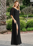 Amiyah A-Line V-Neck Chiffon Floor-Length Dress black STKP0022718