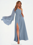 Louisa One Shoulder Sleeve Chiffon A-Line Dress dusty blue STKP0022720