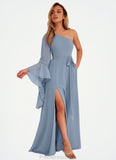 Louisa One Shoulder Sleeve Chiffon A-Line Dress dusty blue STKP0022720