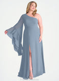 Louisa One Shoulder Sleeve Chiffon A-Line Dress dusty blue STKP0022720