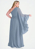 Louisa One Shoulder Sleeve Chiffon A-Line Dress dusty blue STKP0022720