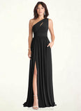 Kayla A-Line One Shoulder Luxe Knit Floor-Length Dress black STKP0022721