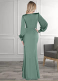 Evangeline Mermaid Long Sleeve Stretch Satin Floor-Length Dress Eucalyptus STKP0022730