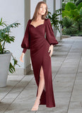 Joy Sheath Long Sleeve Stretch Satin Floor-Length Dress Cabernet STKP0022738