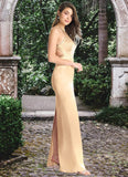 Roberta Sheath High Neck Metallic Satin Floor-Length Dress Gold STKP0022748