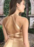 Roberta Sheath High Neck Metallic Satin Floor-Length Dress Gold STKP0022748