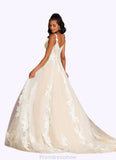 Tori A-Line V-Neck Sequins Tulle Cathedral Train Dress Diamond White/Champagne STKP0022751