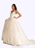 Tori A-Line V-Neck Sequins Tulle Cathedral Train Dress Diamond White/Champagne STKP0022751