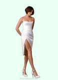 Reina Sheath Cowl Neckline Pleated Stretch Satin Knee-Length Dress Diamond White STKP0022762