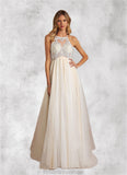 Maren A-Line Halter Sequins Tulle Chapel Train Dress Diamond White/Champagne STKP0022773