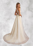 Maren A-Line Halter Sequins Tulle Chapel Train Dress Diamond White/Champagne STKP0022773