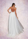 Maritza A-Line V-Neck Sequins Tulle Chapel Train Dress Diamond White/Champagne STKP0022776