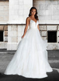 Sofia Ball-Gown Ruched Satin Sweep Train Dress Diamond White STKP0022785