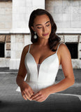 Sofia Ball-Gown Ruched Satin Sweep Train Dress Diamond White STKP0022785