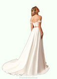 Claire A-Line Off the Shoulder Crepe Back Satin Chapel Train Dress Diamond White STKP0022787