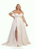 Claire A-Line Off the Shoulder Crepe Back Satin Chapel Train Dress Diamond White STKP0022787