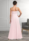 Kyla A-Line Lace Chiffon Floor-Length Junior Bridesmaid Dress Blushing Pink STKP0022853