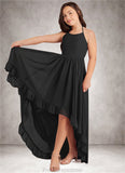 Cristina A-Line Lace Chiffon Asymmetrical Junior Bridesmaid Dress black STKP0022855