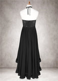 Cristina A-Line Lace Chiffon Asymmetrical Junior Bridesmaid Dress black STKP0022855