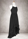 Cristina A-Line Lace Chiffon Asymmetrical Junior Bridesmaid Dress black STKP0022855