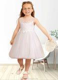 Marlie A-Line Lace Tulle Knee-Length Dress Diamond White/Blushing pink STKP0022858