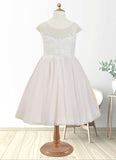 Marlie A-Line Lace Tulle Knee-Length Dress Diamond White/Blushing pink STKP0022858