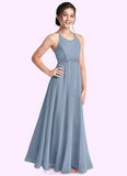 Hallie A-Line Lace Chiffon Floor-Length Junior Bridesmaid Dress dusty blue STKP0022860