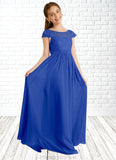 Melanie A-Line Pleated Chiffon Floor-Length Junior Bridesmaid Dress Royal Blue STKP0022863