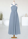 Quinn A-Line Pleated Chiffon Ankle-Length Junior Bridesmaid Dress dusty blue STKP0022866