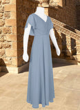 Danielle A-Line Ruched Chiffon Floor-Length Junior Bridesmaid Dress dusty blue STKP0022872