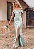 Sheath/Column Off-the-Shoulder Sleeveless Floor-Length Stretch Satin Bridesmaid Dresses with Pleated Luciana STKP0025218