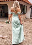 Sheath/Column Off-the-Shoulder Sleeveless Floor-Length Stretch Satin Bridesmaid Dresses with Pleated Luciana STKP0025218