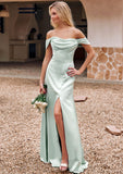 Sheath/Column Off-the-Shoulder Sleeveless Floor-Length Stretch Satin Bridesmaid Dresses with Pleated Luciana STKP0025218