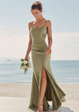 Trumpet/Mermaid Scoop Neck Sleeveless Floor-Length Stretch Satin Bridesmaid Dresses with Pleated Split Macy STKP0025219