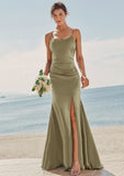 Trumpet/Mermaid Scoop Neck Sleeveless Floor-Length Stretch Satin Bridesmaid Dresses with Pleated Split Macy STKP0025219